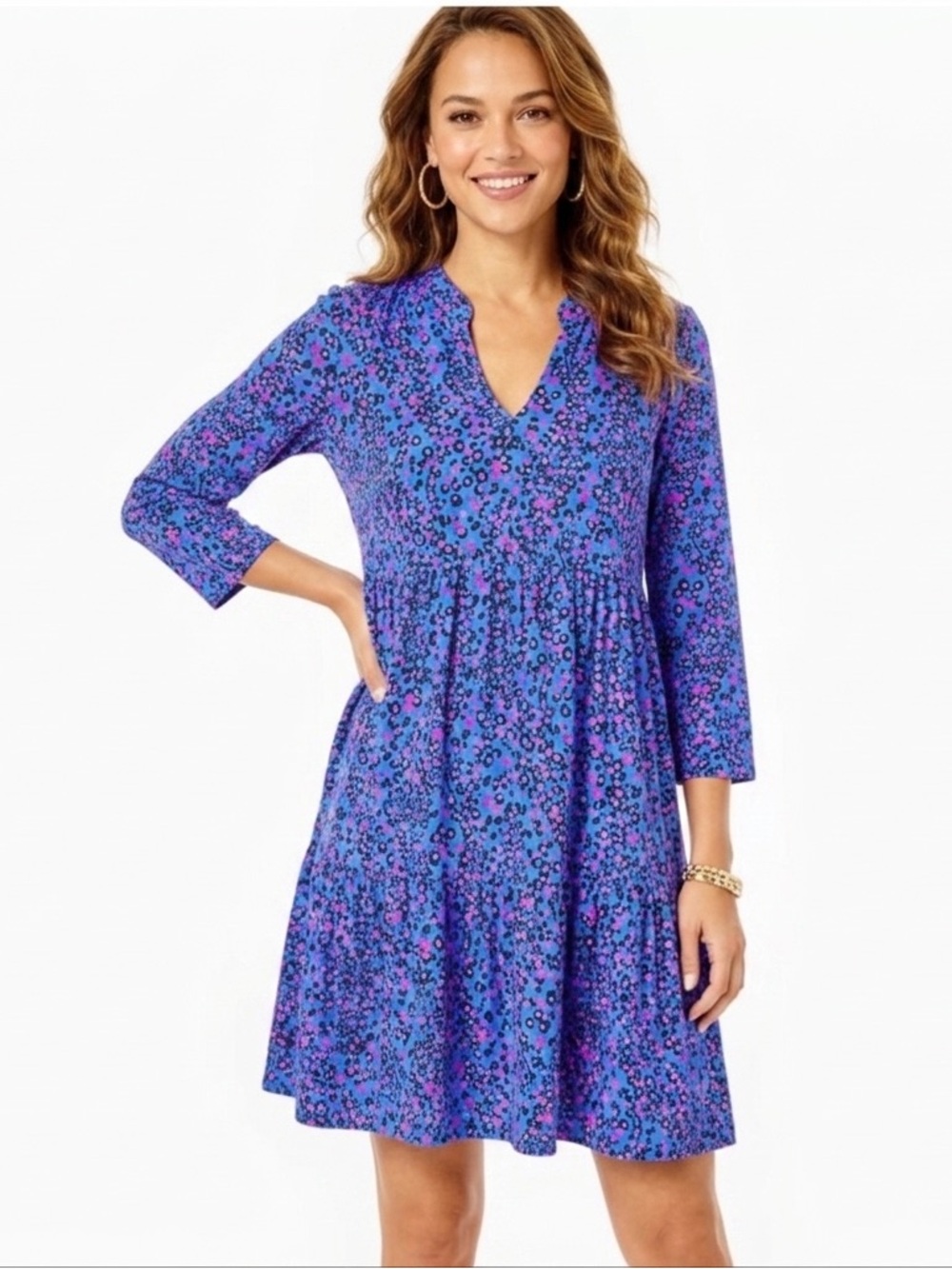 Lilly Pulitzer Alaina Blue Pink Animal Print Tiered 3/4 Sleeve Dress